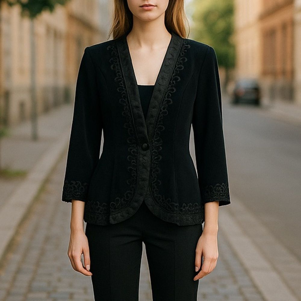 Vintage black embellished long jacket size 6